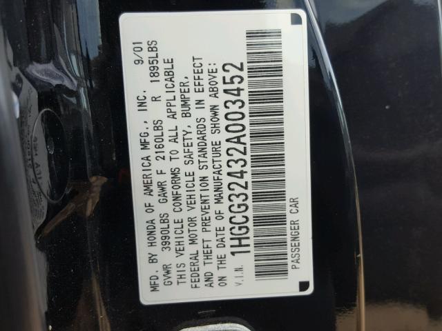 1HGCG32432A003452 - 2002 HONDA ACCORD LX BLACK photo 10