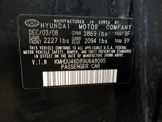 KMHDU46D89U648095 - 2009 HYUNDAI ELANTRA GL BLACK photo 10