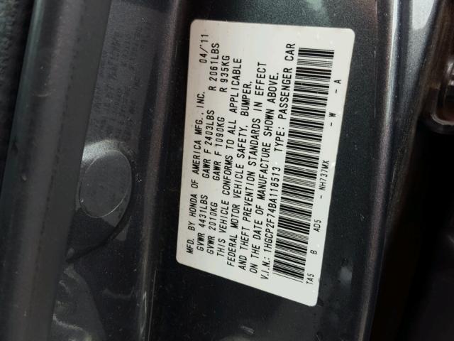 1HGCP2F74BA118513 - 2011 HONDA ACCORD EX GRAY photo 10