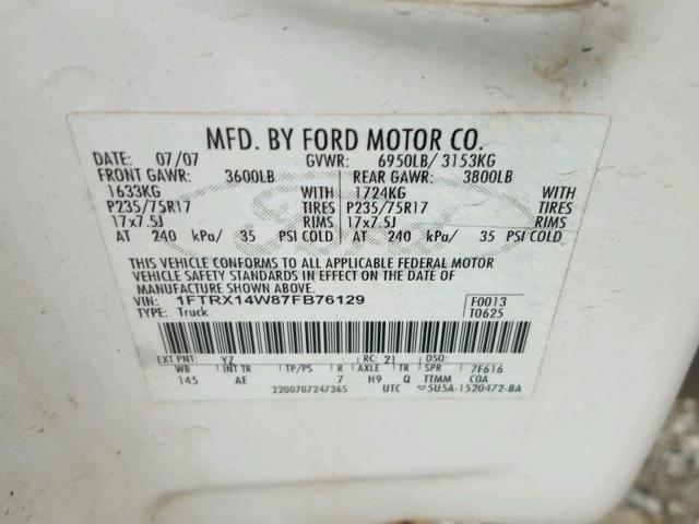 1FTRX14W87FB76129 - 2007 FORD F150 WHITE photo 10