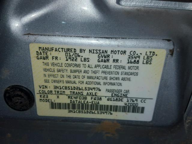 3N1CB51D26L534976 - 2006 NISSAN SENTRA 1.8 SILVER photo 10