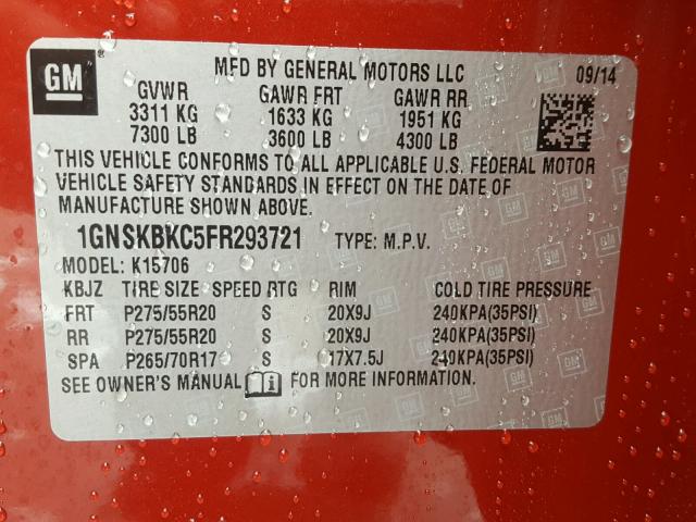 1GNSKBKC5FR293721 - 2015 CHEVROLET TAHOE K150 RED photo 10