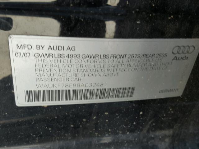 WAUKF78E98A032481 - 2008 AUDI A4 2.0T AV BLACK photo 10