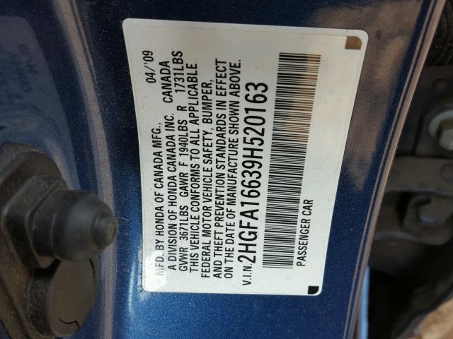 2HGFA16639H520163 - 2009 HONDA CIVIC BLUE photo 10