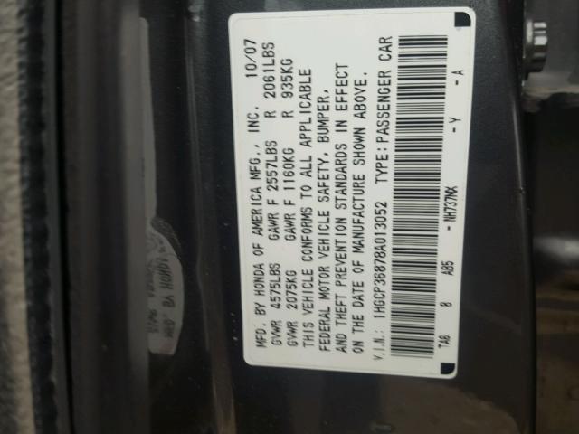 1HGCP36878A013052 - 2008 HONDA ACCORD EXL GRAY photo 10