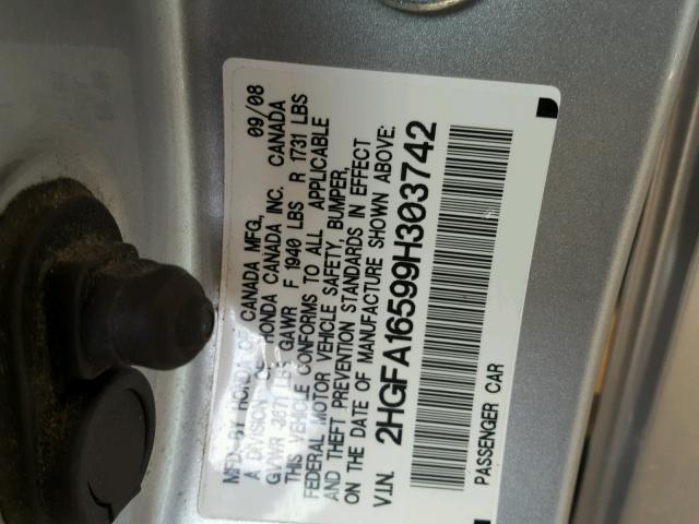 2HGFA16599H303742 - 2009 HONDA CIVIC LX SILVER photo 10