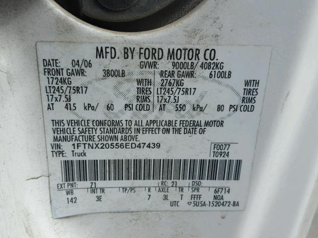 1FTNX20556ED47439 - 2006 FORD F250 SUPER WHITE photo 10