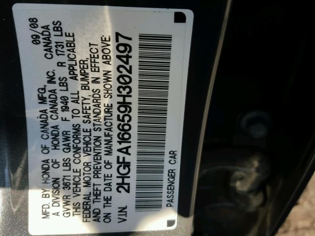 2HGFA16659H302497 - 2009 HONDA CIVIC GRAY photo 10