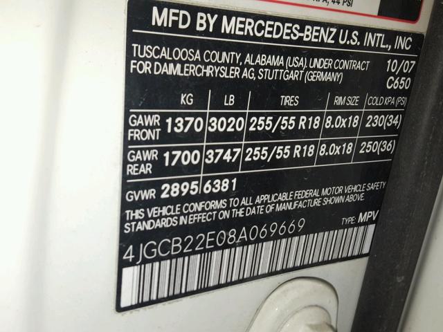 4JGCB22E08A069669 - 2008 MERCEDES-BENZ R 320 CDI WHITE photo 10