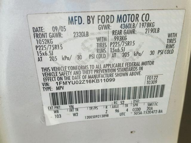 1FMYU02Z16KB11099 - 2006 FORD ESCAPE XLS SILVER photo 10