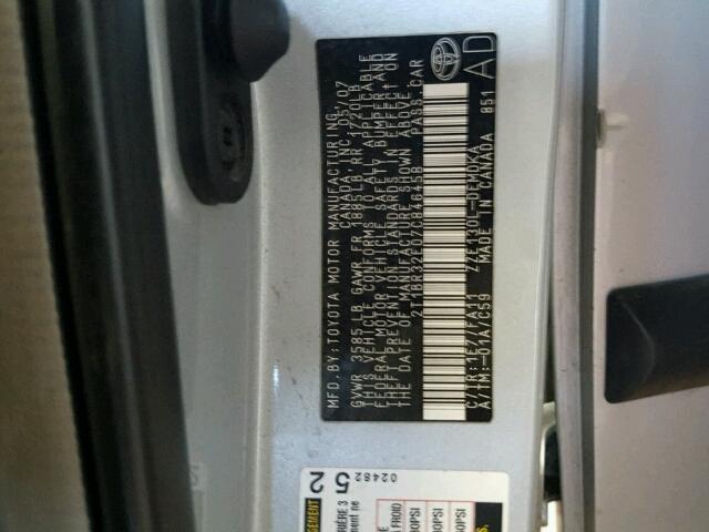 2T1BR32E07C846458 - 2007 TOYOTA COROLLA CE SILVER photo 10