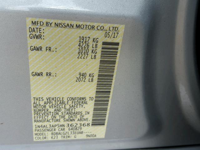 1N4AL3AP5HN362368 - 2017 NISSAN ALTIMA 2.5 SILVER photo 10