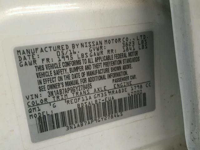 3N1AB7AP9GY278465 - 2016 NISSAN SENTRA S WHITE photo 10