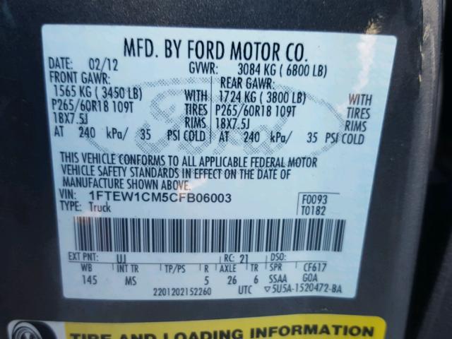 1FTEW1CM5CFB06003 - 2012 FORD F150 SUPER GRAY photo 10