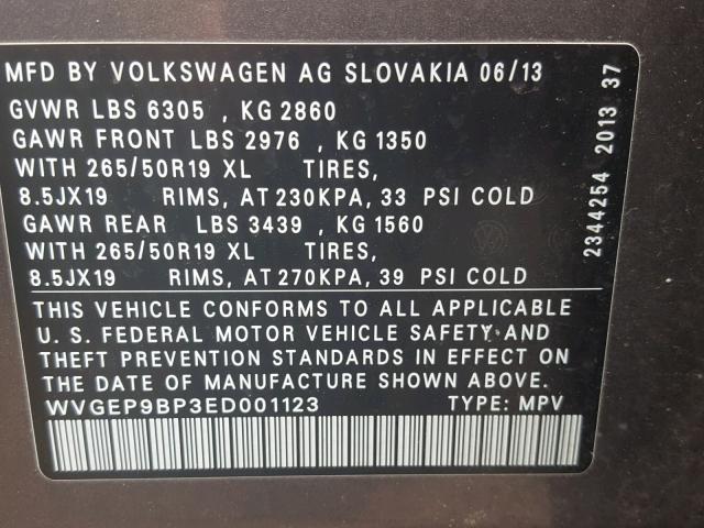 WVGEP9BP3ED001123 - 2014 VOLKSWAGEN TOUAREG V6 GRAY photo 10