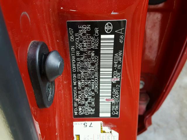 JTDKB20U887696322 - 2008 TOYOTA PRIUS RED photo 10