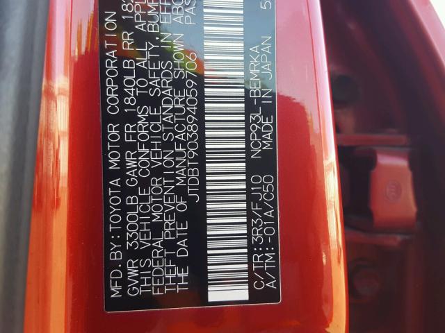 JTDBT903894059706 - 2009 TOYOTA YARIS RED photo 10