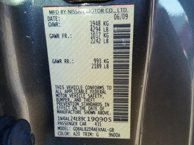 1N4AL24E89C190905 - 2009 NISSAN ALTIMA 2.5 GRAY photo 10