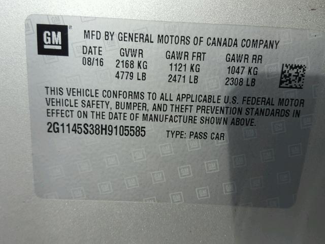 2G1145S38H9105585 - 2017 CHEVROLET IMPALA PRE SILVER photo 10