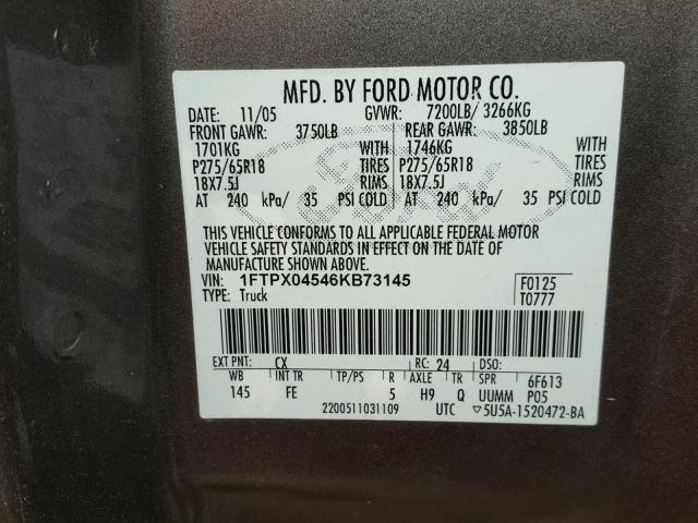 1FTPX04546KB73145 - 2006 FORD F150 GRAY photo 10