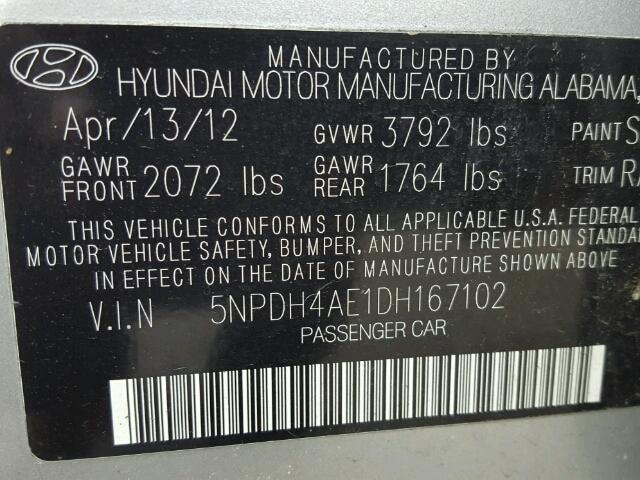 5NPDH4AE1DH167102 - 2013 HYUNDAI ELANTRA GL GRAY photo 10