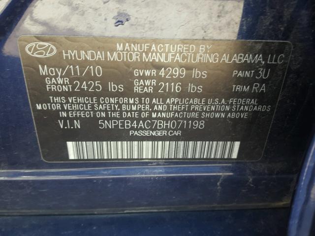 5NPEB4AC7BH071198 - 2011 HYUNDAI SONATA GLS BLUE photo 10