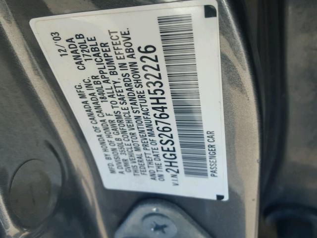 2HGES26764H532226 - 2004 HONDA CIVIC EX GRAY photo 10