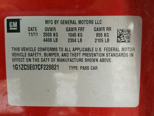 1G1ZC5E07CF228821 - 2012 CHEVROLET MALIBU 1LT RED photo 10