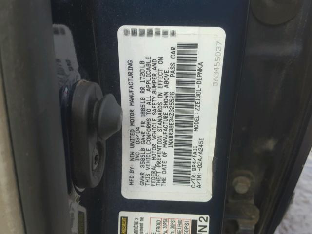 1NXBR38E34Z325526 - 2004 TOYOTA COROLLA CE BLUE photo 10