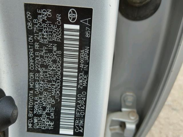 JTDKN3DU2A0042518 - 2010 TOYOTA PRIUS SILVER photo 10