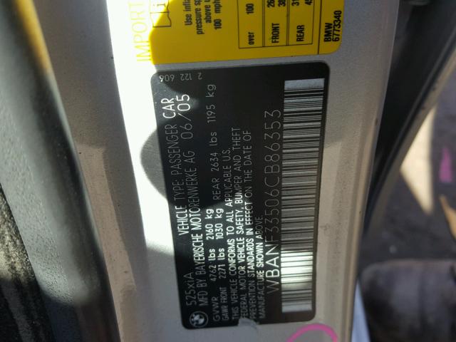 WBANF33506CB86353 - 2006 BMW 525 XI Արծաթագույն լուսանկար 10