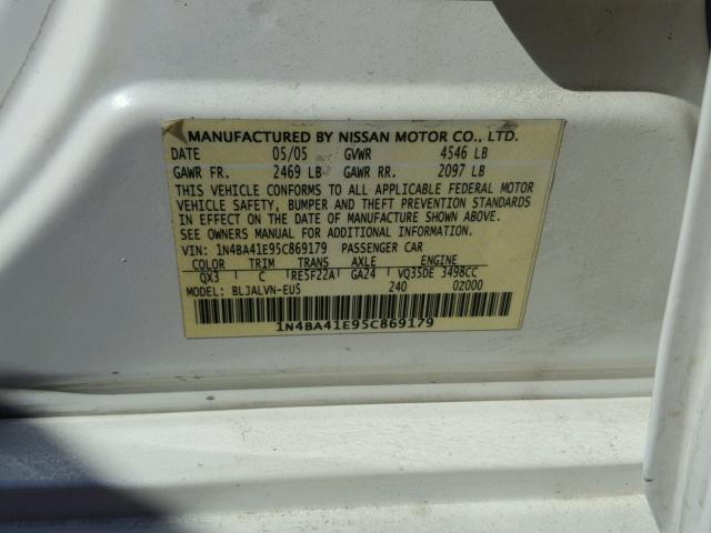 1N4BA41E95C869179 - 2005 NISSAN MAXIMA SE WHITE photo 10