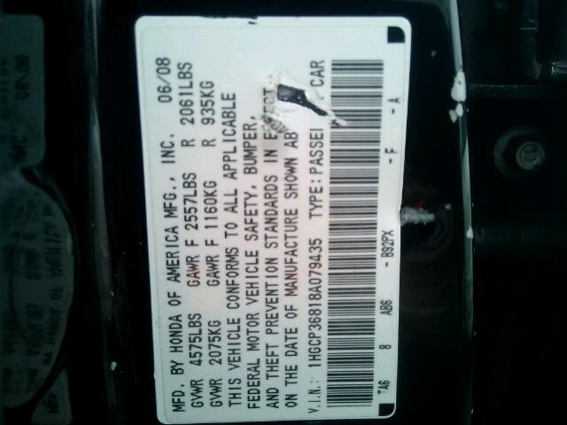 1HGCP36818A079435 - 2008 HONDA ACCORD EXL BLACK photo 10