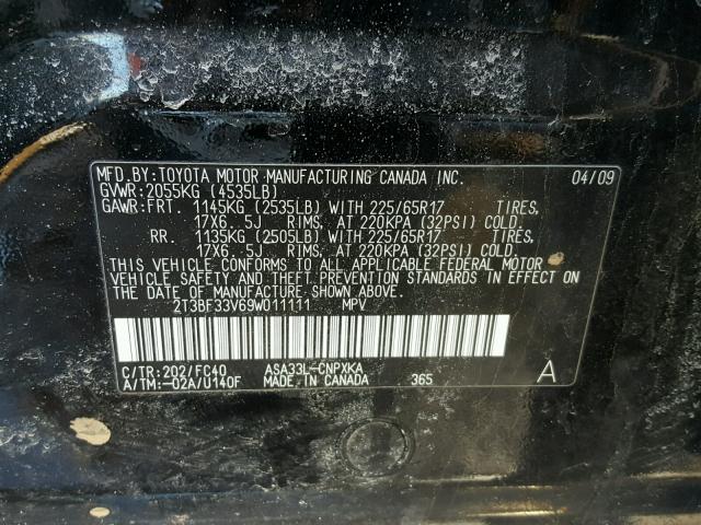 2T3BF33V69W011111 - 2009 TOYOTA RAV4 BLACK photo 10