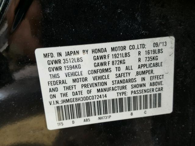 JHMGE8H30DC072414 - 2013 HONDA FIT BLACK photo 10