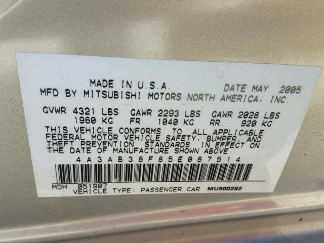 4A3AB36F85E067514 - 2005 MITSUBISHI GALANT ES GRAY photo 10