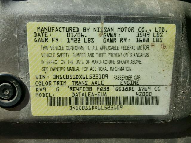 3N1CB51DX6L523109 - 2006 NISSAN SENTRA 1.8 SILVER photo 10