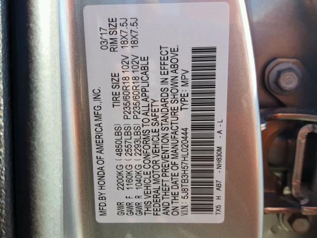 5J8TB3H57HL020444 - 2017 ACURA RDX TECHNO GRAY photo 10