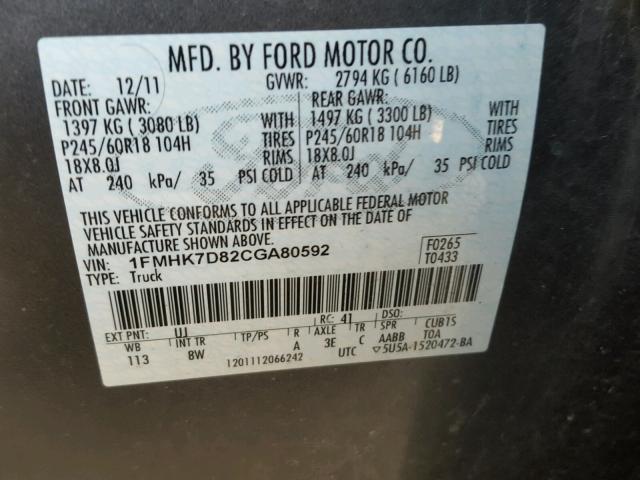 1FMHK7D82CGA80592 - 2012 FORD EXPLORER X GRAY photo 10