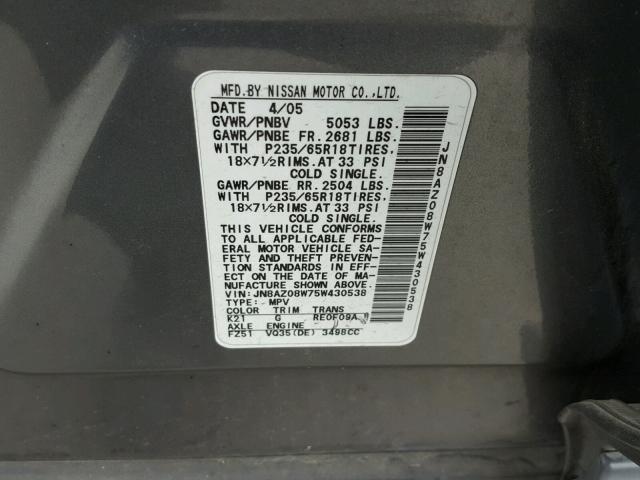 JN8AZ08W75W430538 - 2005 NISSAN MURANO SL CHARCOAL photo 10