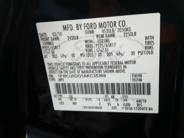 1FMCU0DG1AKC35369 - 2010 FORD ESCAPE XLT BLACK photo 10