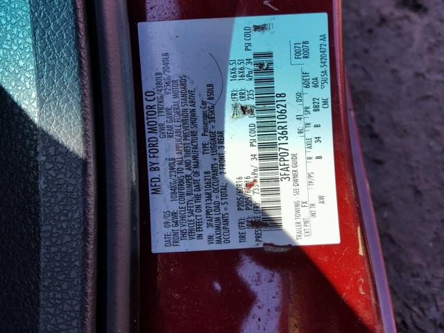 3FAFP07136R106218 - 2006 FORD FUSION SE MAROON photo 10