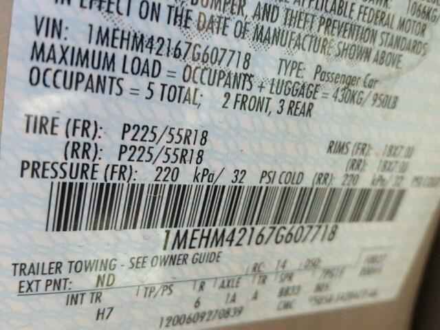 1MEHM42167G607718 - 2007 MERCURY MONTEGO PR 棕色 照片 10