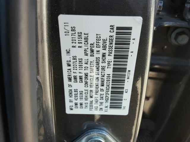 1HGCP2F6XCA039064 - 2012 HONDA ACCORD SE GRAY photo 10