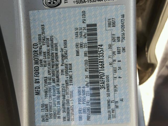 3FAFP07166R133574 - 2006 FORD FUSION SE SILVER photo 10