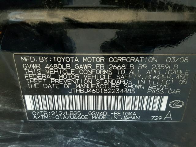 JTHBJ46G182234485 - 2008 LEXUS ES 350 BLACK photo 10