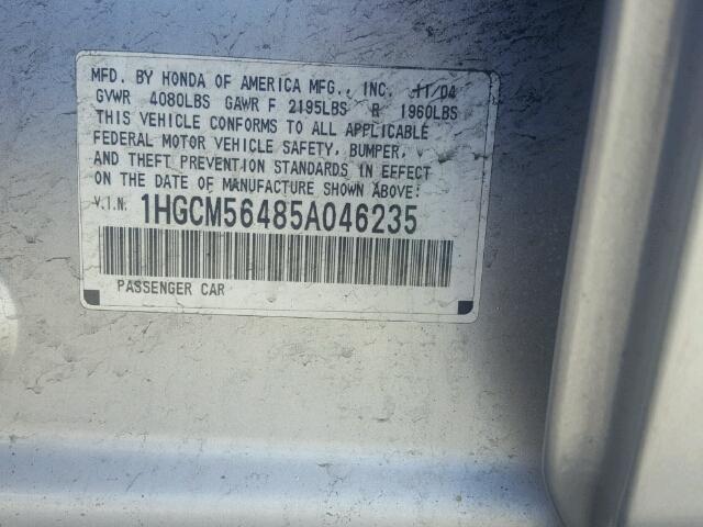 1HGCM56485A046235 - 2005 HONDA ACCORD LX SILVER photo 10