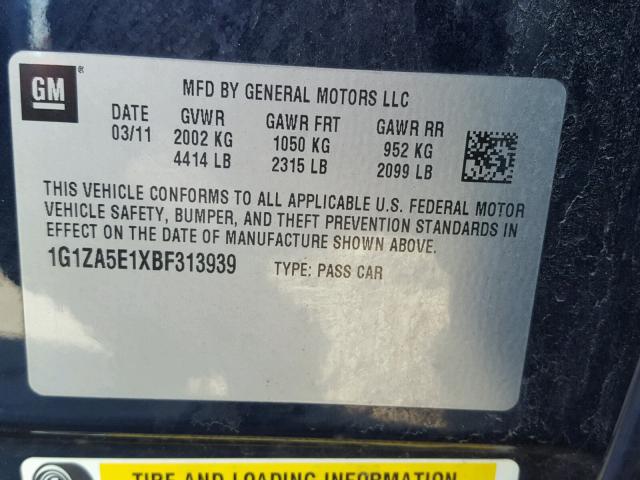 1G1ZA5E1XBF313939 - 2011 CHEVROLET MALIBU LS BLUE photo 10