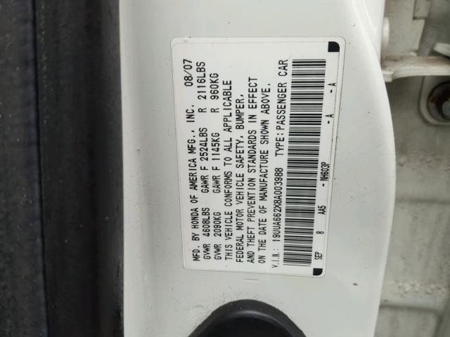 19UUA662X8A003988 - 2008 ACURA TL WHITE photo 10