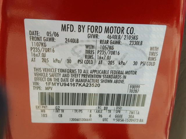 1FMYU94167KA23520 - 2007 FORD ESCAPE LIM RED photo 10